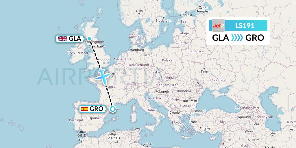 LS191 Jet2 Flight Map: Glasgow to Girona