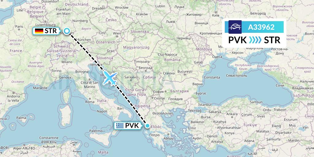 A33962 Aegean Airlines Flight Map: Preveza to Stuttgart