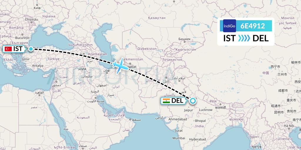 6E4912 IndiGo Airlines Flight Map: Istanbul to Delhi