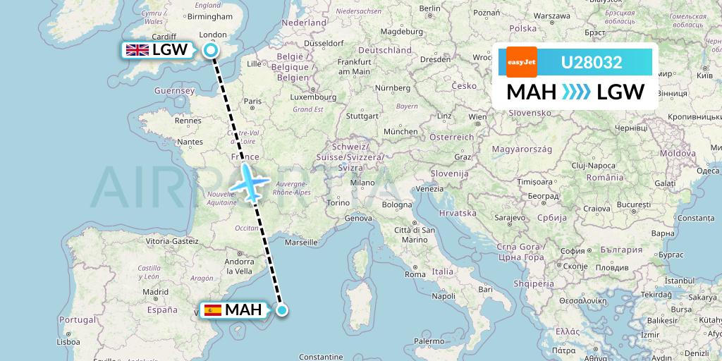 U28032 EasyJet Flight Map: Mahon to London