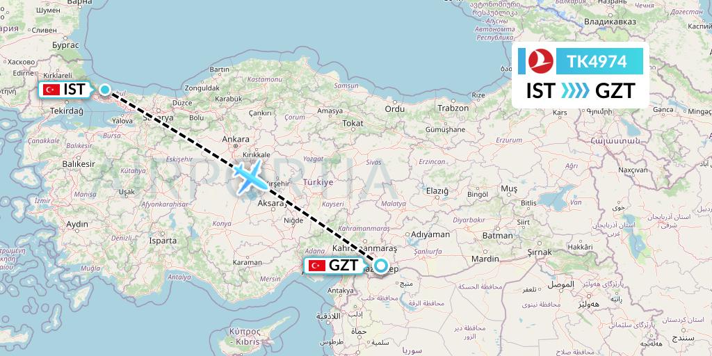 TK4974 Turkish Airlines Flight Map: Istanbul to Gaziantep