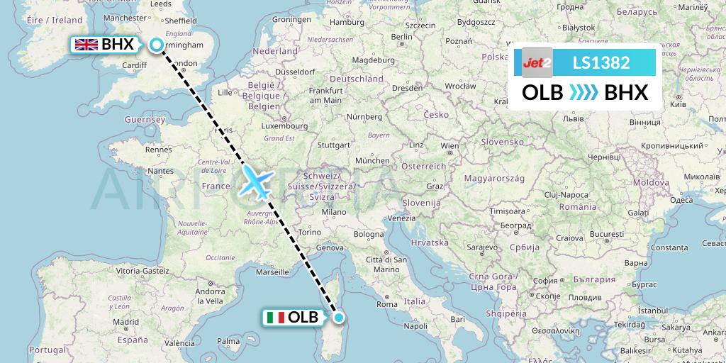 LS1382 Jet2 Flight Map: Olbia to Birmingham