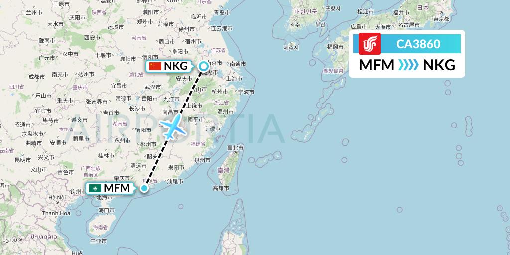 CA3860 Air China Flight Map: Macau to Nanjing