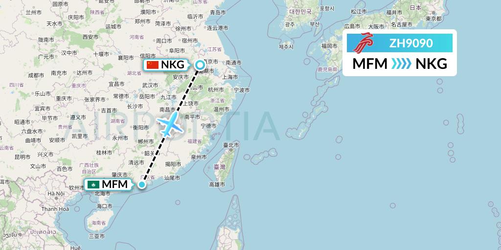 ZH9090 Shenzhen Airlines Flight Map: Macau to Nanjing