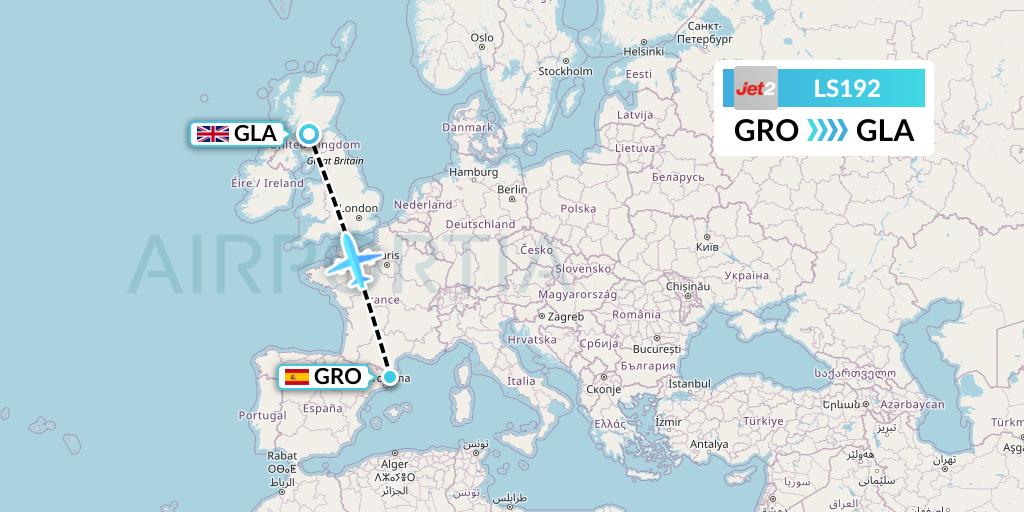 LS192 Jet2 Flight Map: Girona to Glasgow