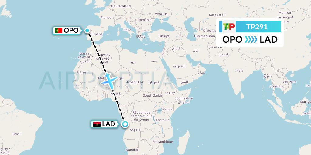 TP291 TAP Portugal Flight Map: Porto to Luanda