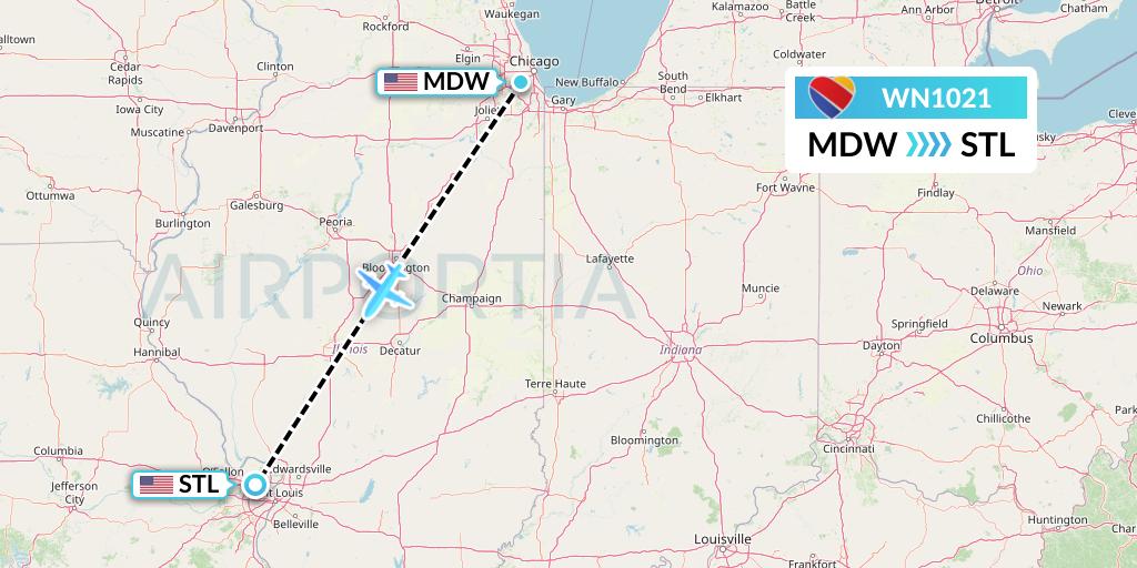 WN1021 Southwest Airlines Flight Map: Chicago to St. Louis