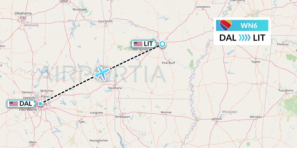 WN6 Southwest Airlines Flight Map: Dallas to Little Rock