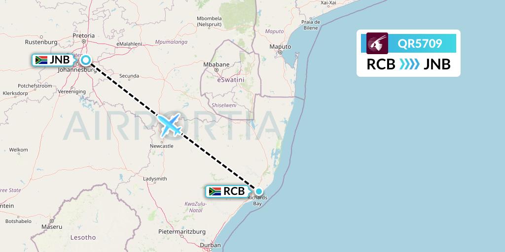 QR5709 Qatar Airways Flight Map: Richards Bay to Johannesburg
