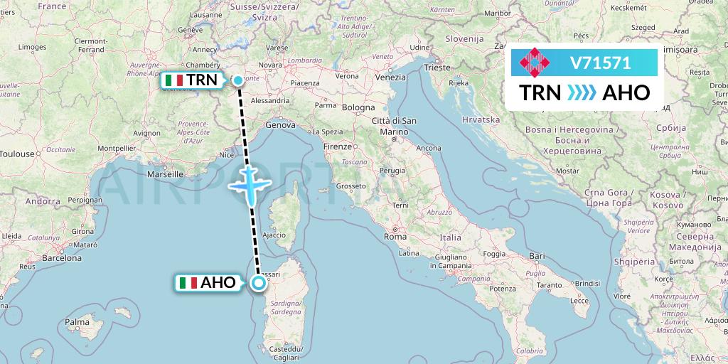 V71571 Volotea Flight Map: Turin to Alghero