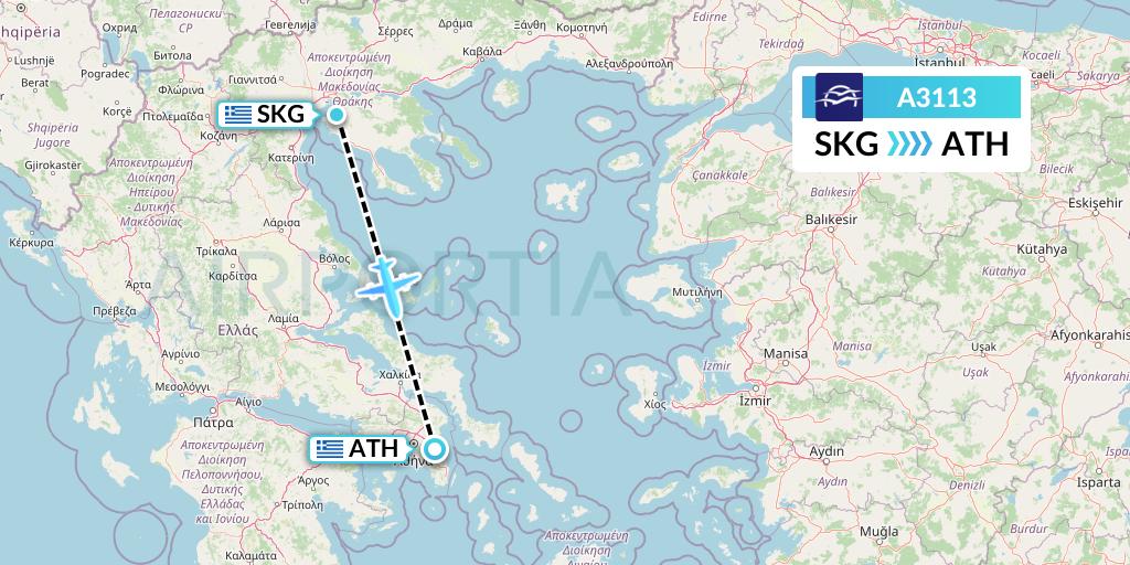 A3113 Aegean Airlines Flight Map: Thessaloniki to Athens