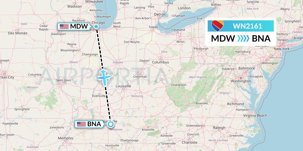 WN2161 Southwest Airlines Flight Map: Chicago to Nashville