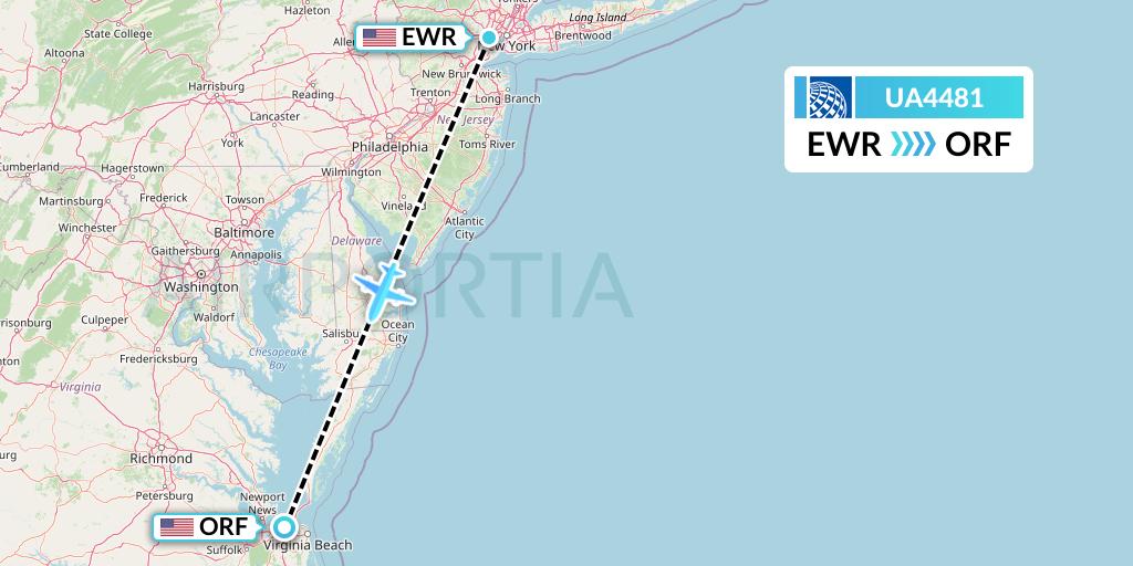 UA4481 United Airlines Flight Map: New York to Norfolk