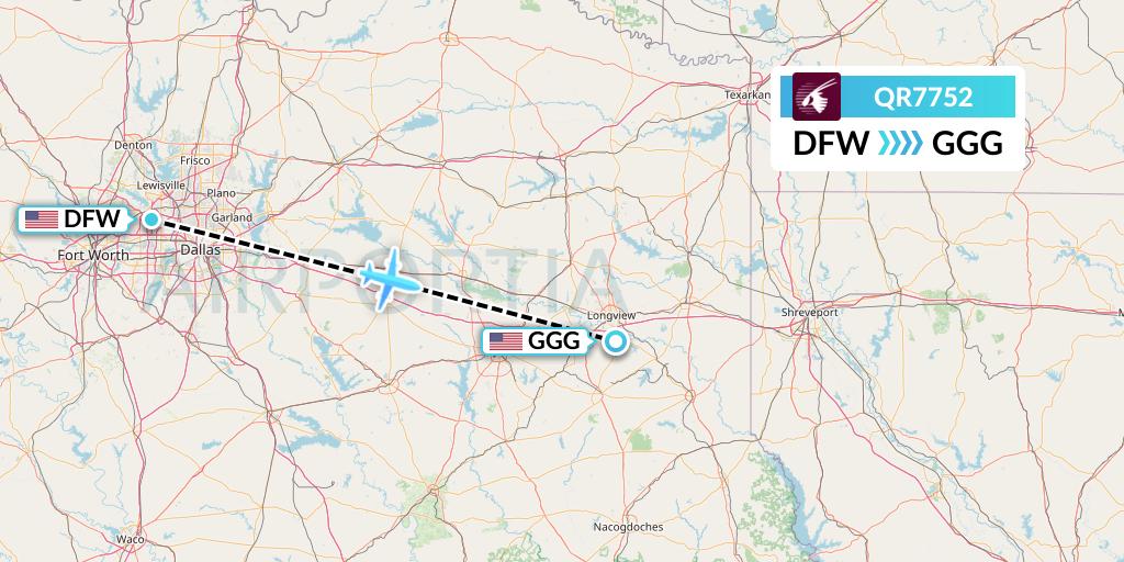 QR7752 Qatar Airways Flight Map: Dallas to Longview