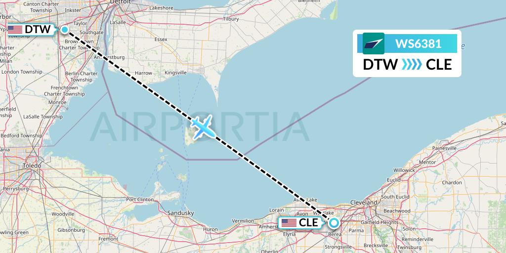 WS6381 WestJet Flight Map: Detroit to Cleveland