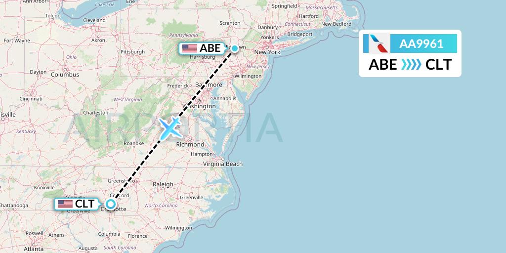 AA9961 American Airlines Flight Map: Allentown to Charlotte