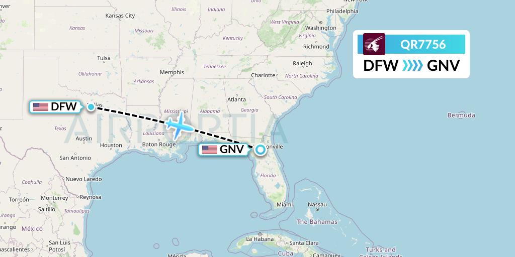 QR7756 Qatar Airways Flight Map: Dallas to Gainesville