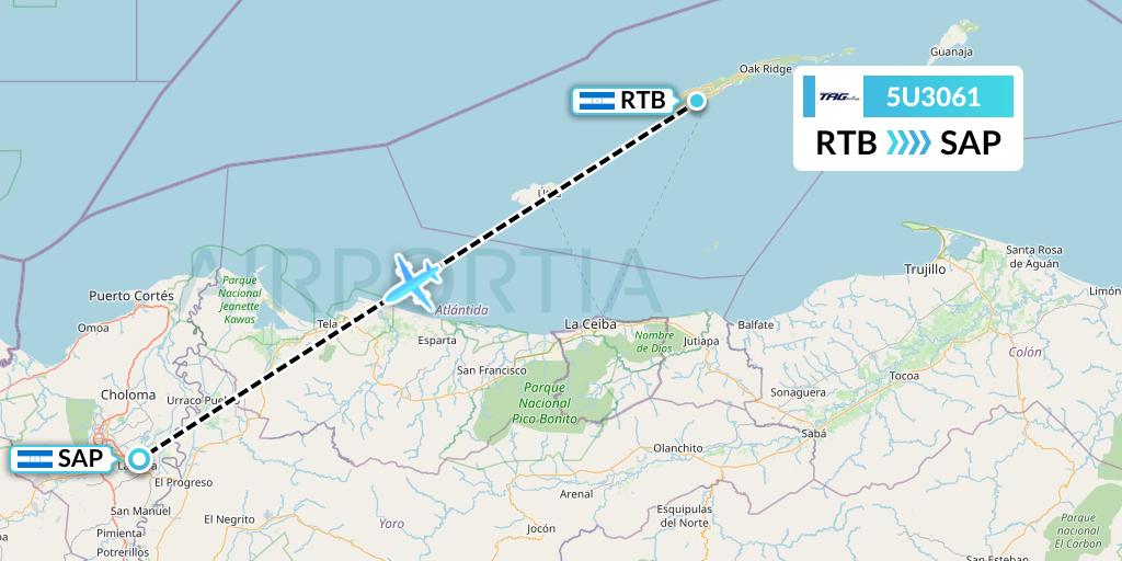 5U3061 TAG Airlines Flight Map: Roatan to San Pedro Sula