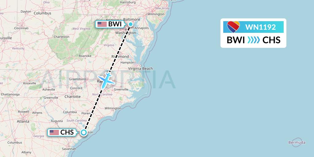 WN1192 Southwest Airlines Flight Map: Baltimore to Charleston