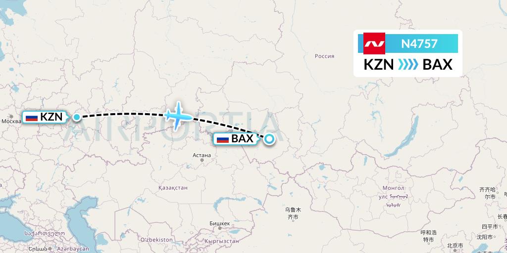 N4757 Nordwind Airlines Flight Map: Kazan to Barnaul