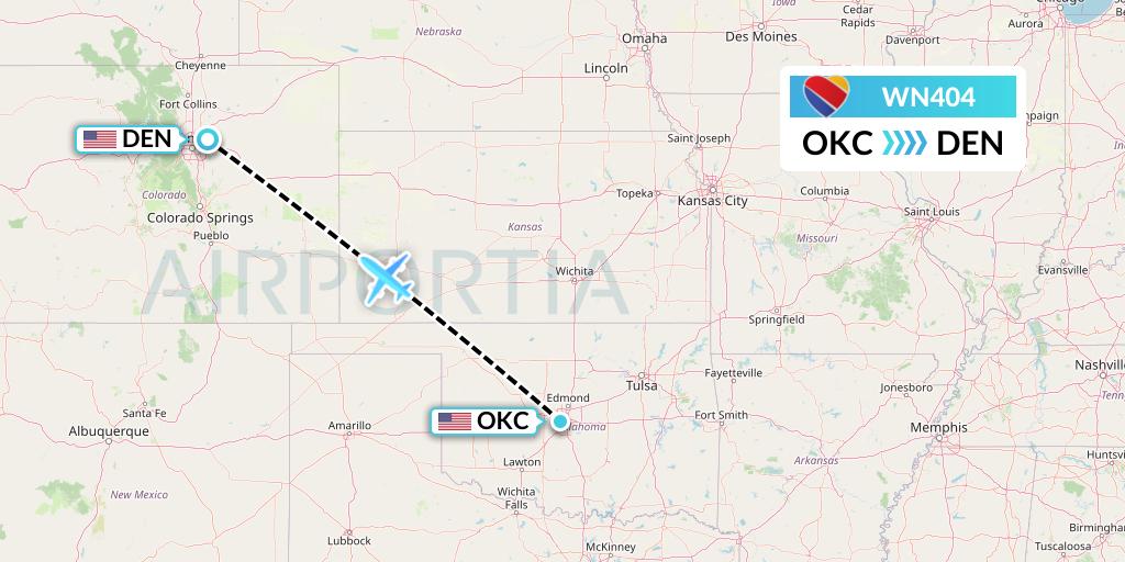 WN404 Southwest Airlines Flight Map: Oklahoma City to Denver