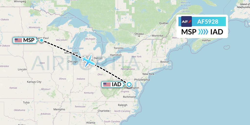 AF5928 Air France Flight Map: Minneapolis to Washington