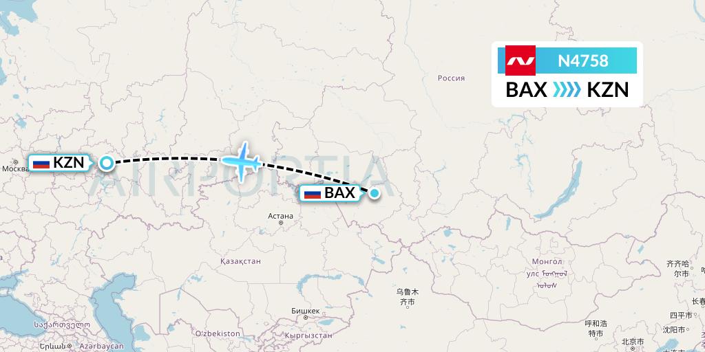 N4758 Nordwind Airlines Flight Map: Barnaul to Kazan