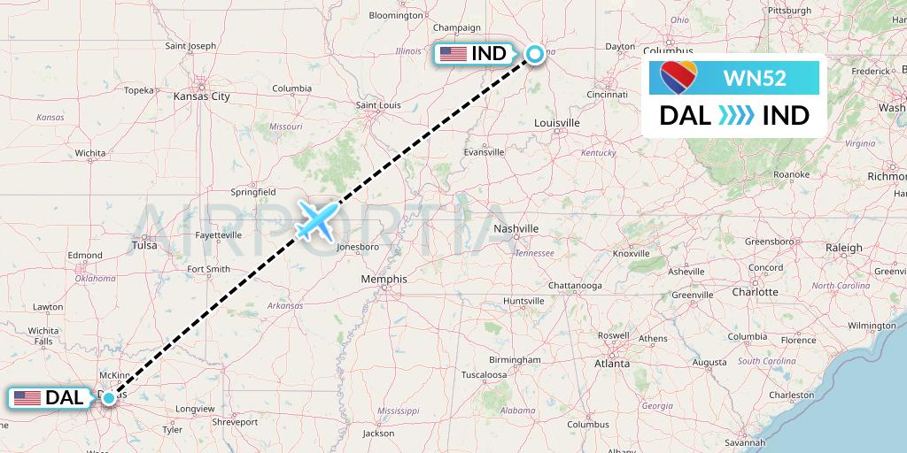 WN52 Southwest Airlines Flight Map: Dallas to Indianapolis