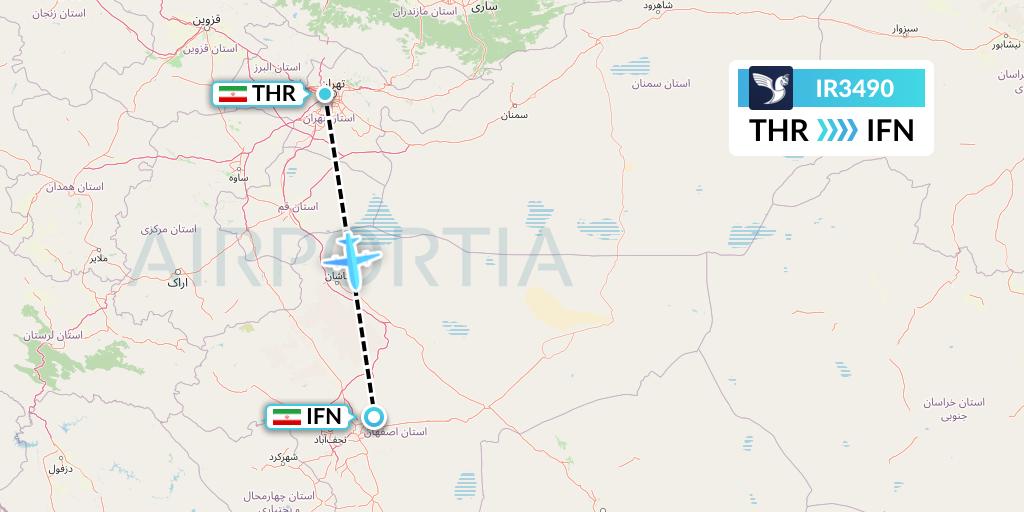 IR3490 Iran Air Flight Map: Tehran to Isfahan
