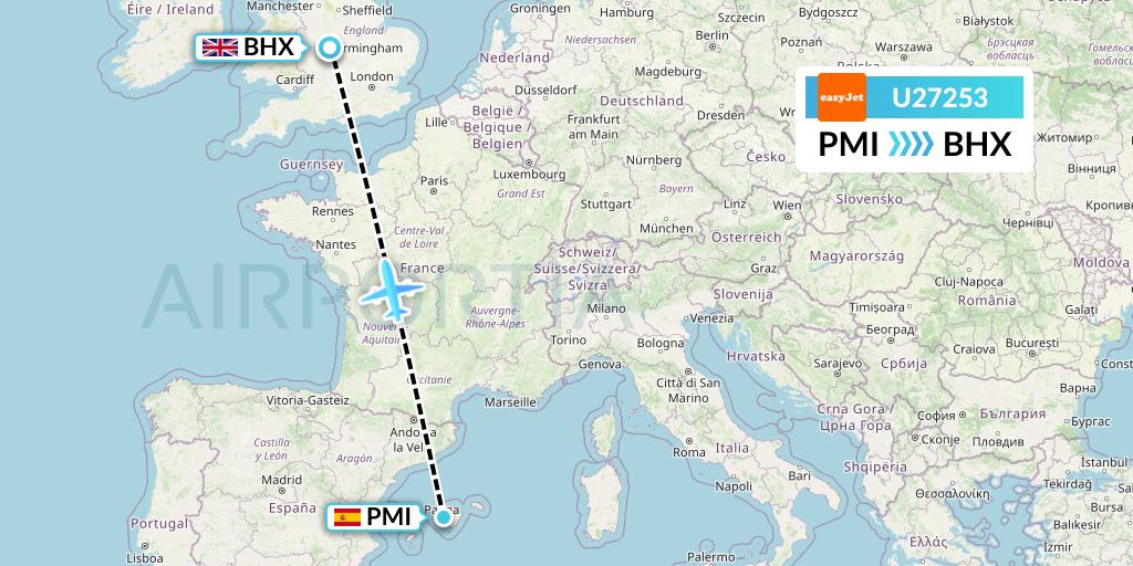 U27253 EasyJet Flight Map: Palma de Mallorca to Birmingham