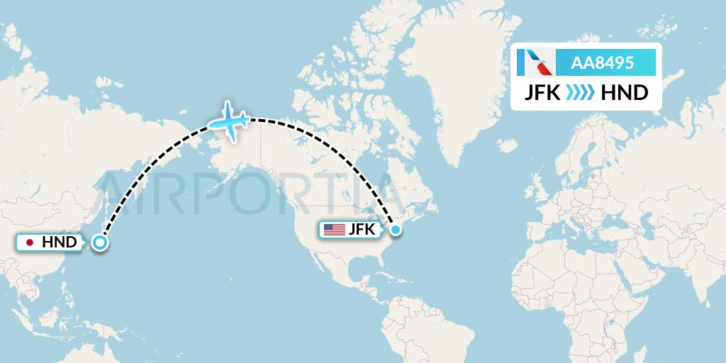 AA8495 American Airlines Flight Map: New York to Tokyo