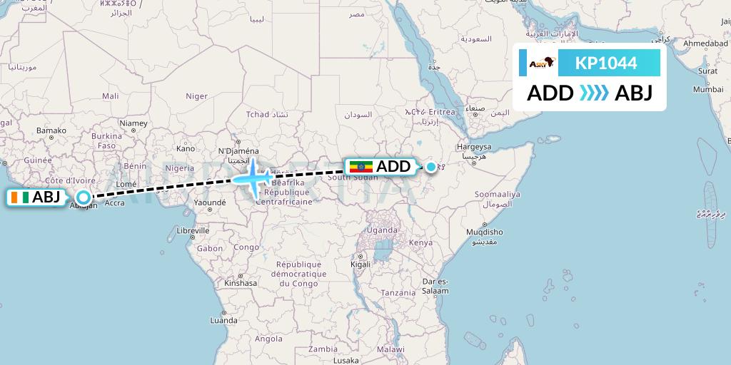 KP1044 ASKY Flight Map: Addis Ababa to Abidjan