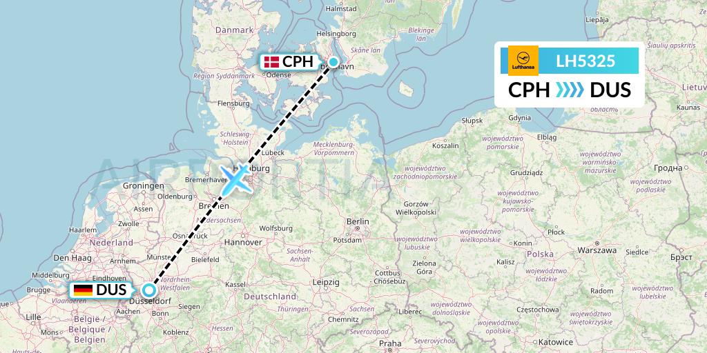 LH5325 Lufthansa Flight Map: Copenhagen to Dusseldorf