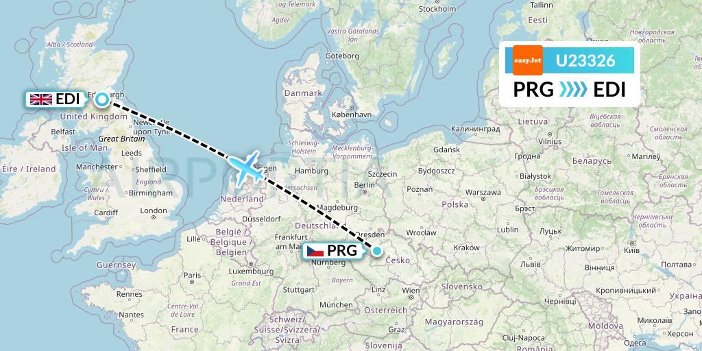 U23326 EasyJet Flight Map: Prague to Edinburgh