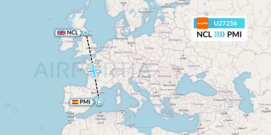U27256 EasyJet Flight Map: Newcastle to Palma de Mallorca