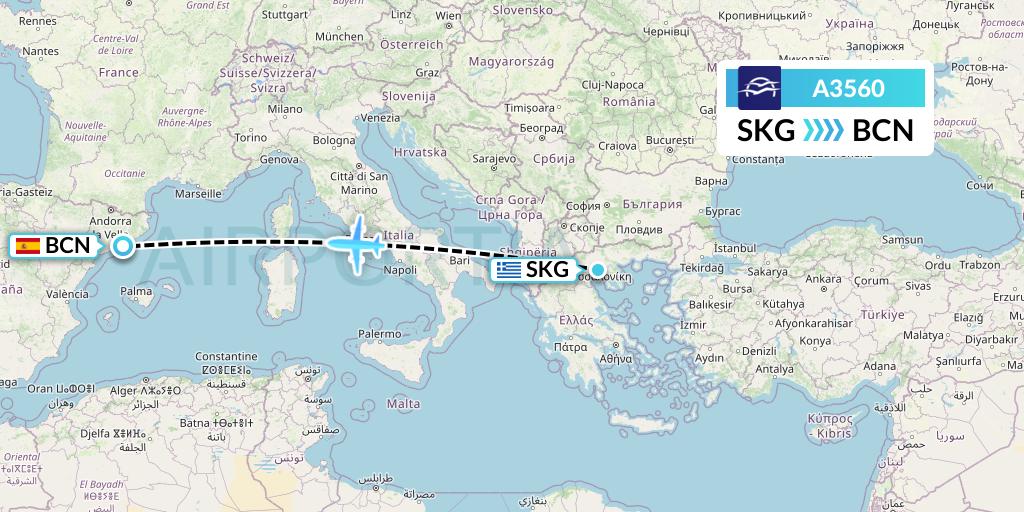 A3560 Aegean Airlines Flight Map: Thessaloniki to Barcelona