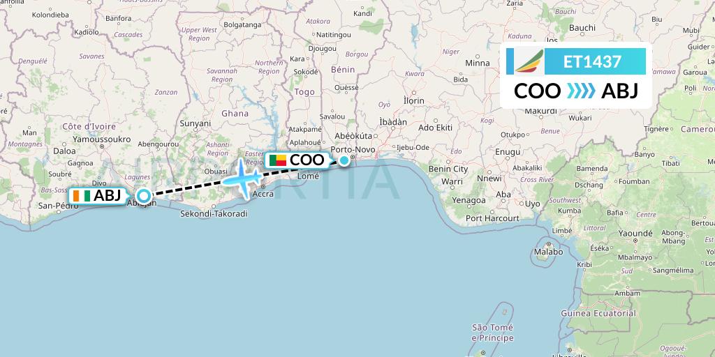 ET1437 Ethiopian Airlines Flight Map: Cotonou to Abidjan