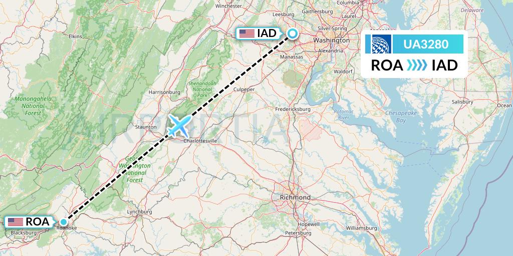 UA3280 United Airlines Flight Map: Roanoke to Washington