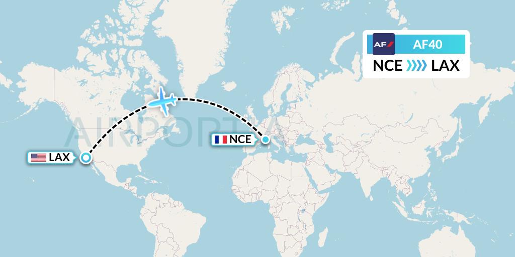 AF40 Air France Flight Map: Nice to Los Angeles