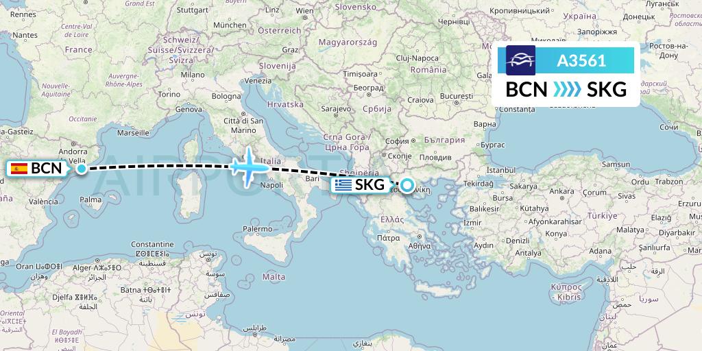A3561 Aegean Airlines Flight Map: Barcelona to Thessaloniki