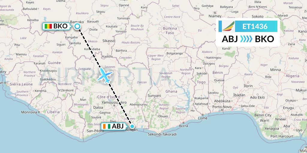 ET1436 Ethiopian Airlines Flight Map: Abidjan to Bamako