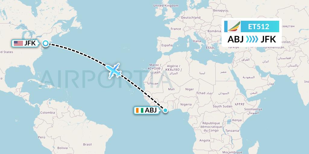 ET512 Ethiopian Airlines Flight Map: Abidjan to New York