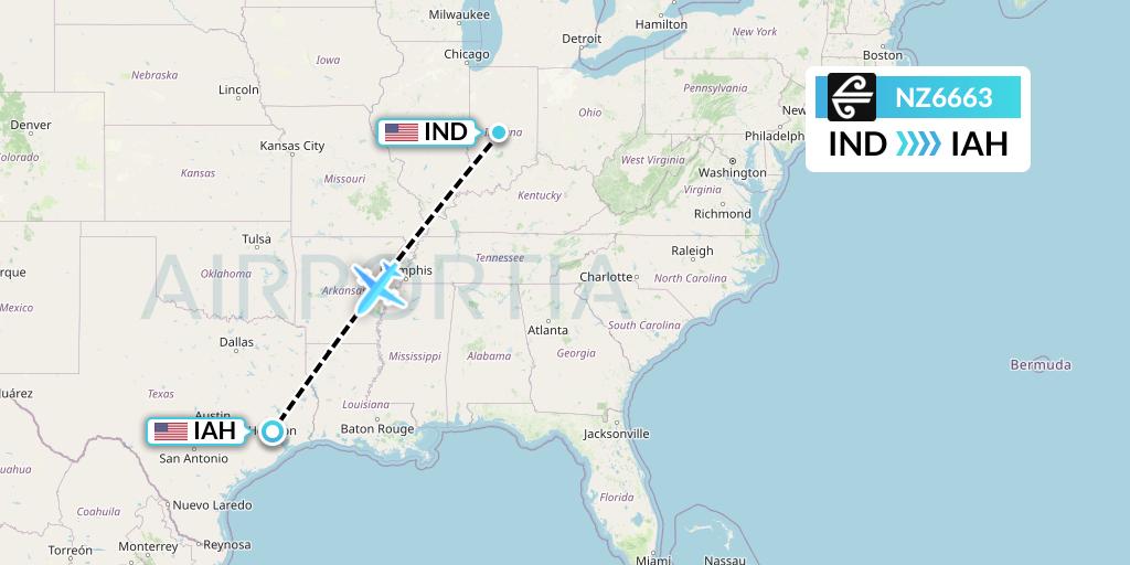 NZ6663 Air New Zealand Flight Map: Indianapolis to Houston