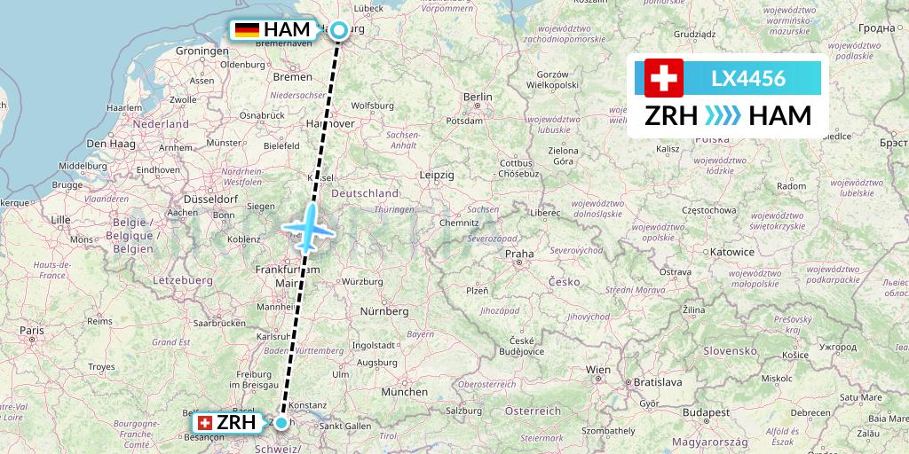 LX4456 Swiss Flight Map: Zurich to Hamburg