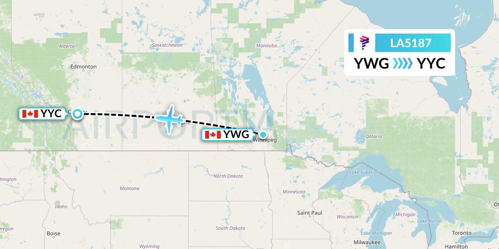 LA5187 LAN Airlines Flight Map: Winnipeg to Calgary