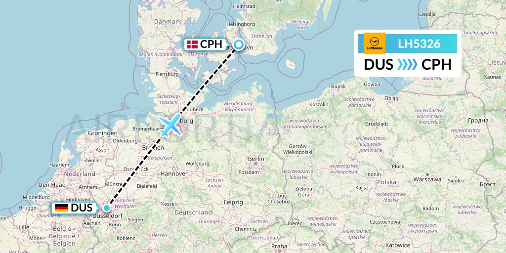 LH5326 Lufthansa Flight Map: Dusseldorf to Copenhagen