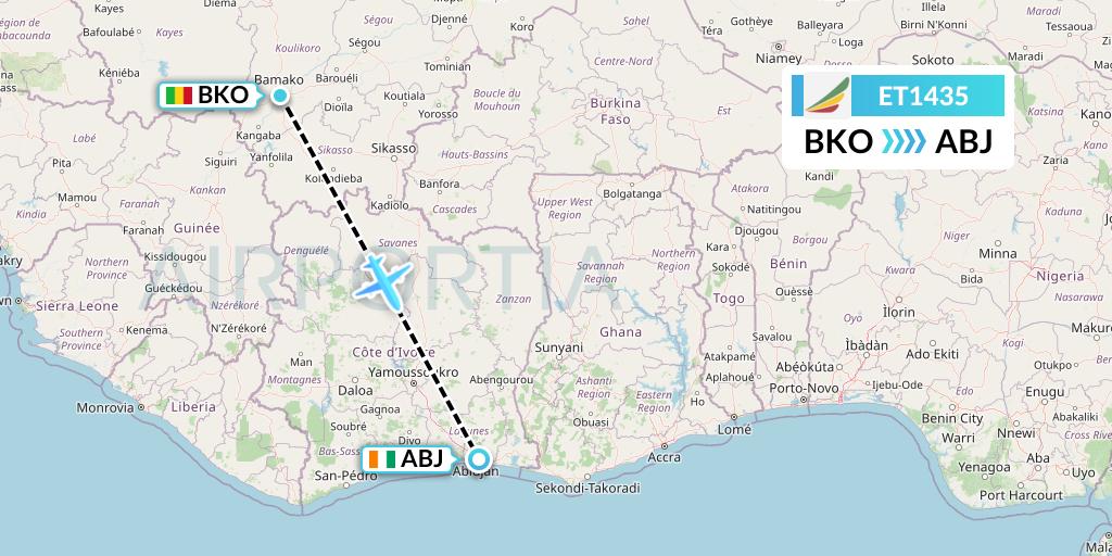 ET1435 Ethiopian Airlines Flight Map: Bamako to Abidjan