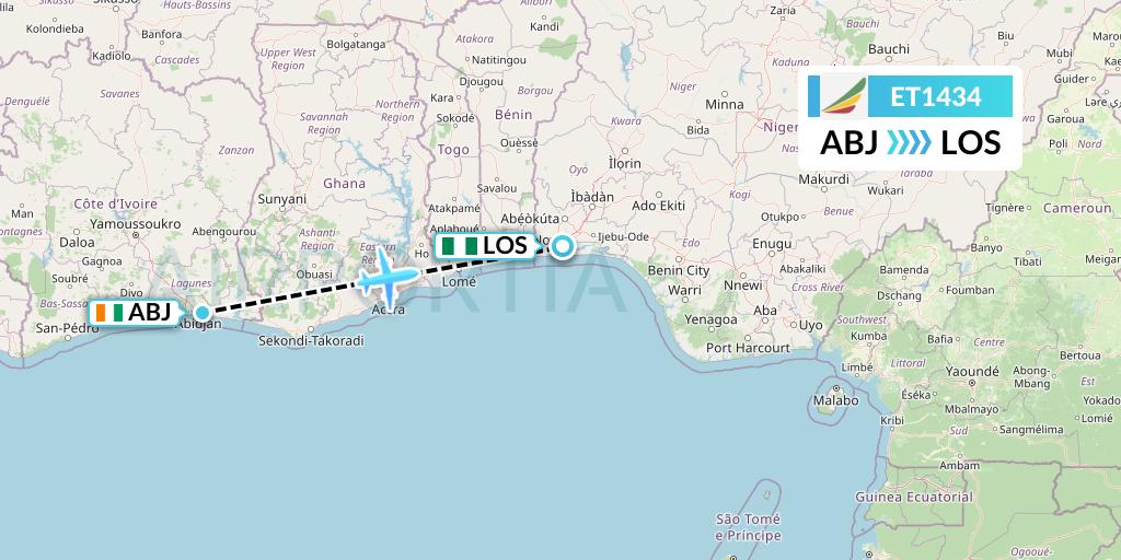 ET1434 Ethiopian Airlines Flight Map: Abidjan to Lagos