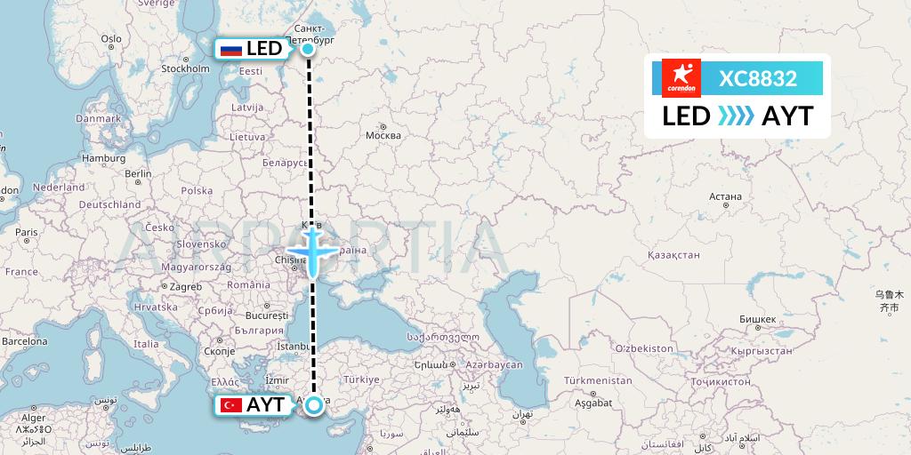 XC8832 Corendon Airlines Flight Map: St. Petersburg to Antalya