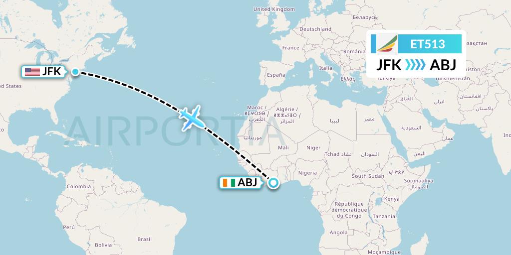 ET513 Ethiopian Airlines Flight Map: New York to Abidjan